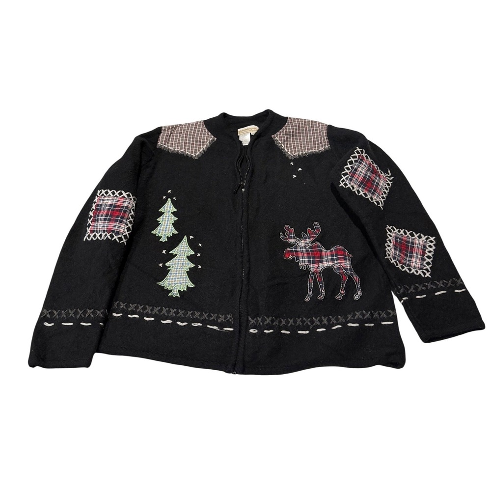 Coldwater Creek Wool Zip Up Cardigan Sweater Moose Plaid Patch Cabin Lodge L‎